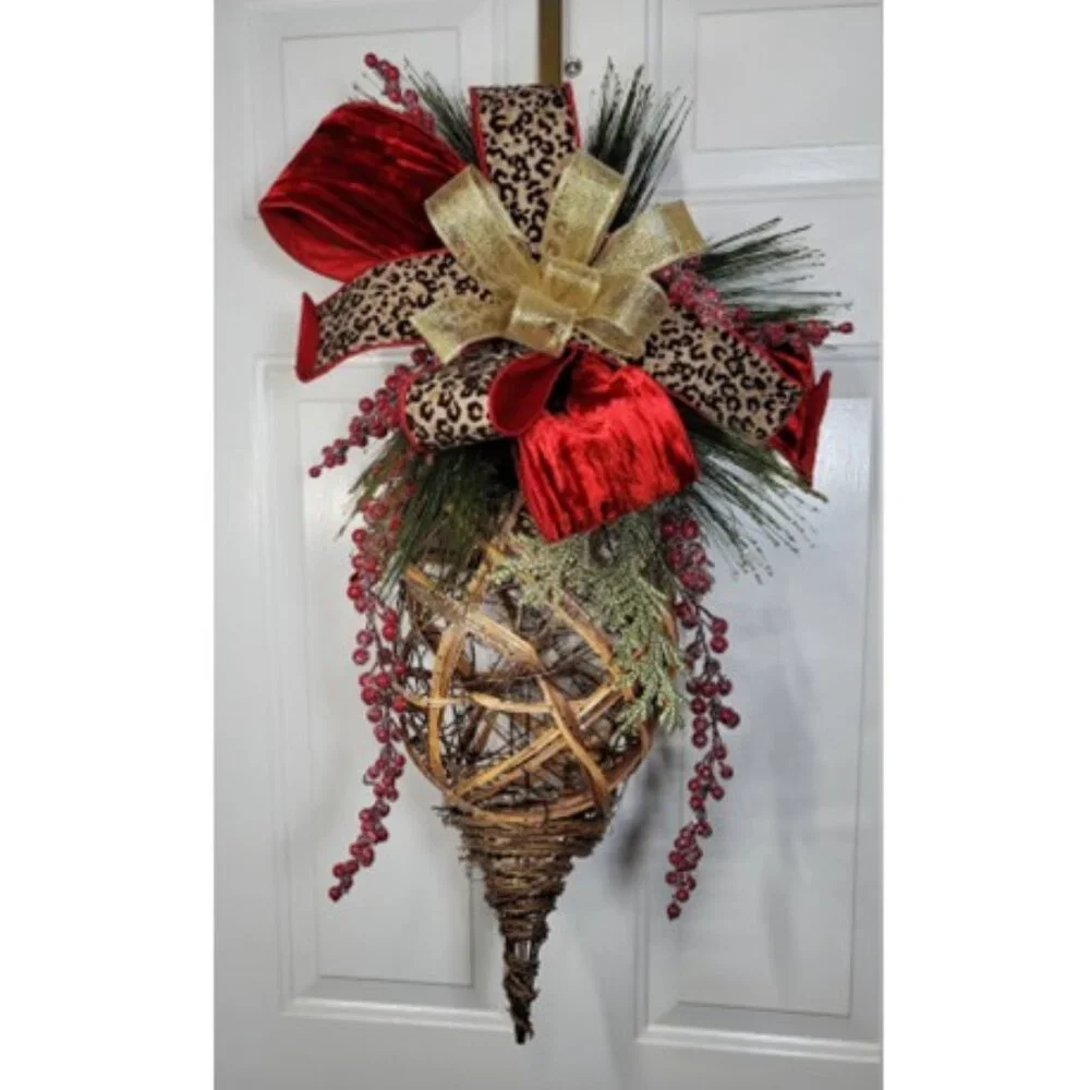 Jumbo Christmas Ornament Hanging Rattan Ornament Drop w Glam Bow, Winter Wreath